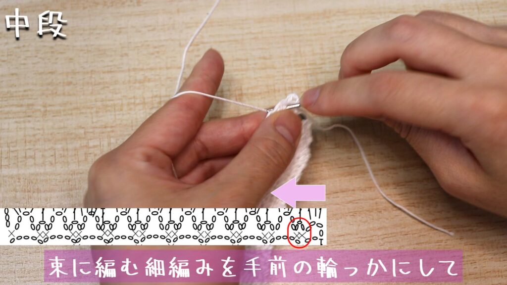 束に編む細編みを手前の輪っかにして3目鎖編み。