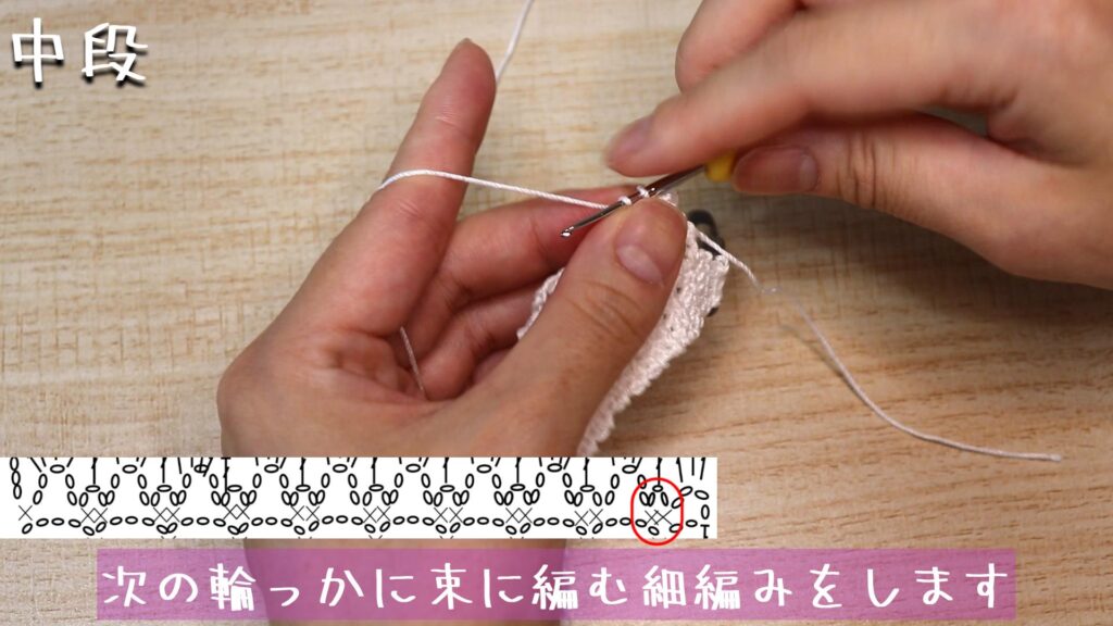 次の輪っかに束に編む細編みをします。