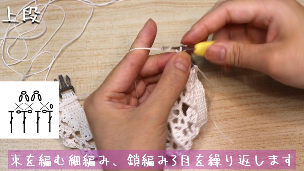 束を編む細編み、鎖編み3目を繰り返します。