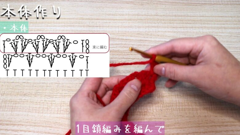 1目鎖編みを編んで