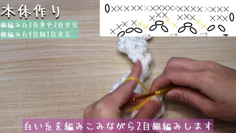 白い糸を編みこみながら2目細編みします。