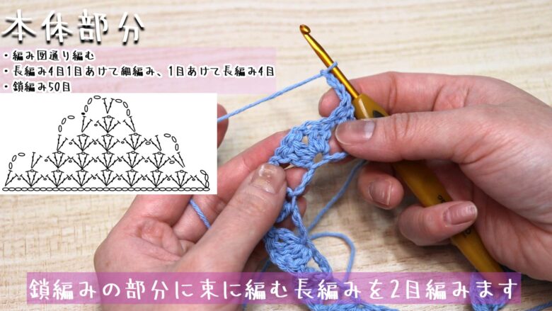 鎖編みの部分に束に編む長編みを2目編みます。