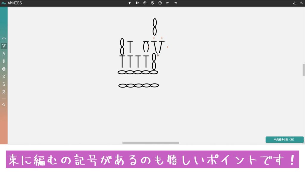 エクセルなどでは描きづらい、束に編むの記号があるのも嬉しいポイントです！