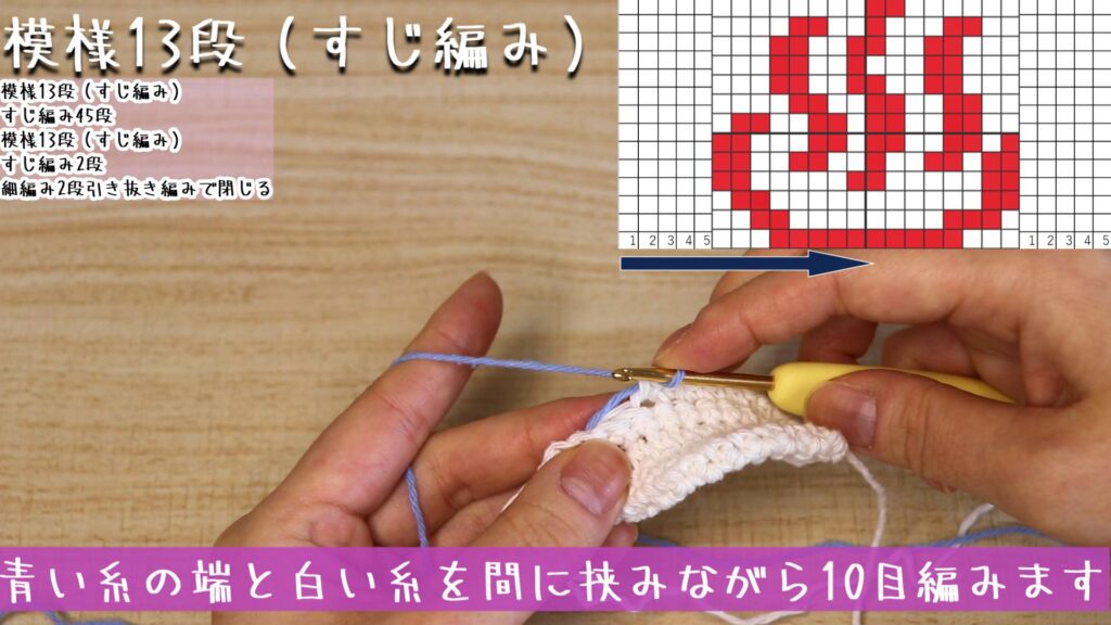 青い糸の端と白い糸を間に挟みながら10目編みます