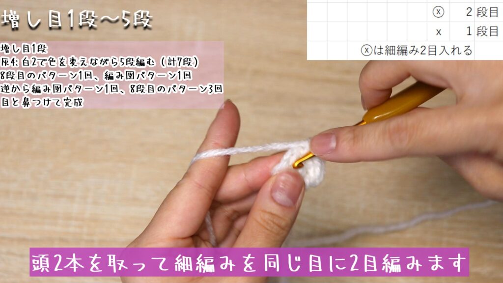 頭2本を取って細編みを同じ目に2目編みます