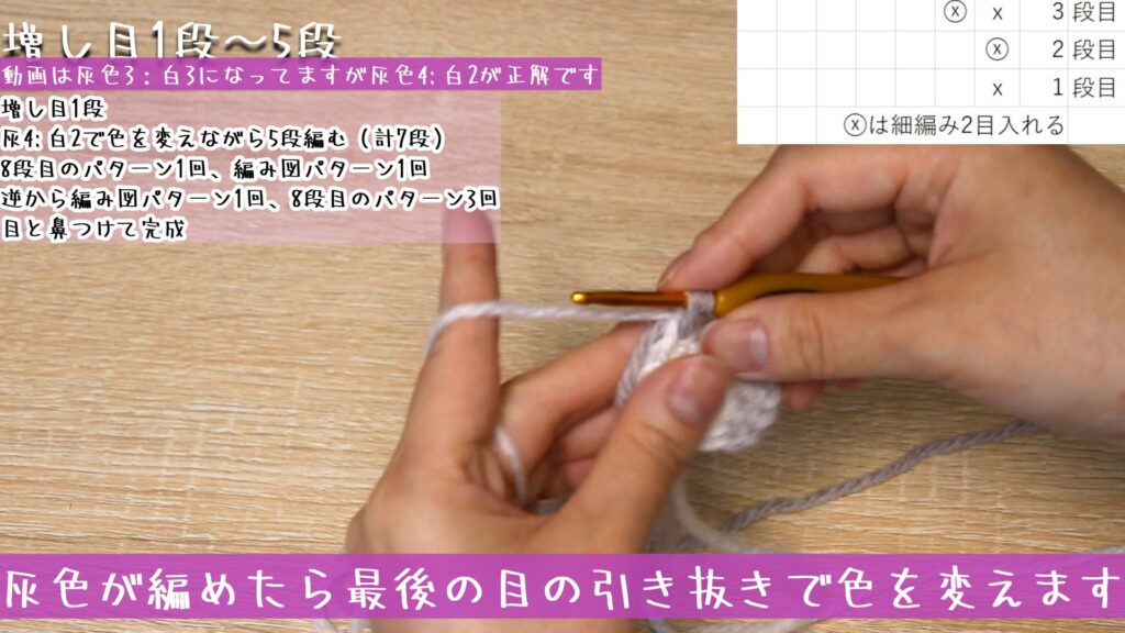 灰色が編めたら最後の目の引き抜きで色を変えます