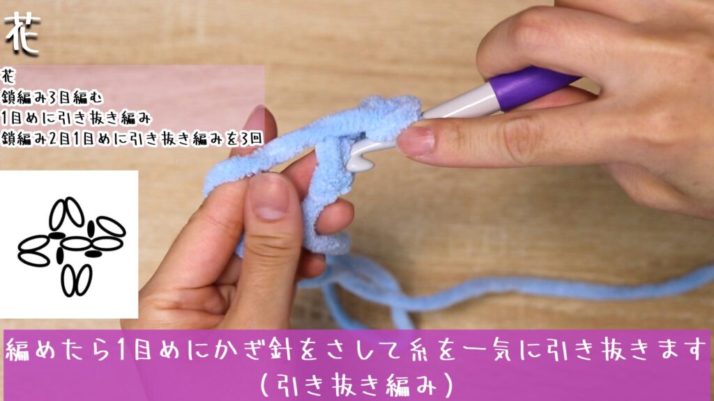 編めたら1目めにかぎ針をさして糸を一気に引き抜きます(引き抜き編み)
