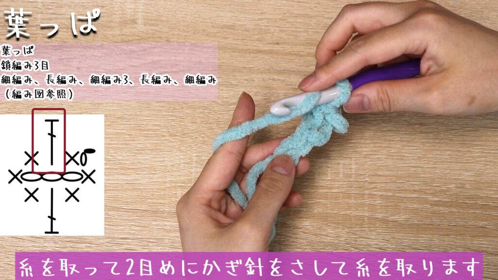 糸を取って2目めにかぎ針をさして糸を取ります