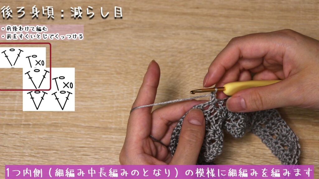 1つ内側(細編み中長編みのとなり)の模様に細編みを編みます