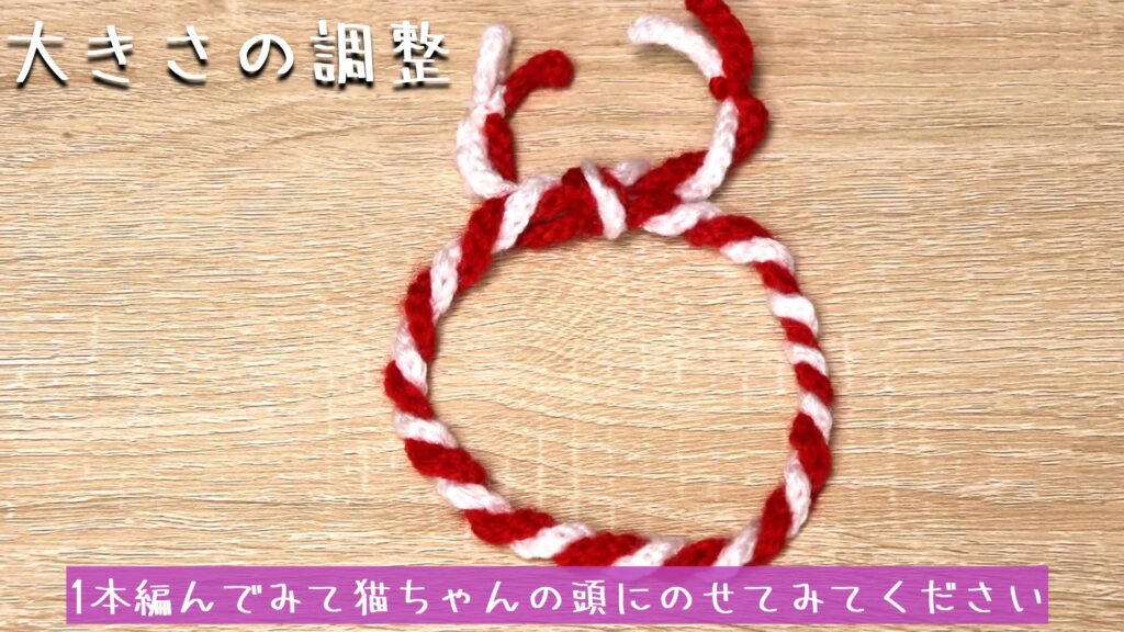 1本編んでみて猫ちゃんの頭にのせてみてください