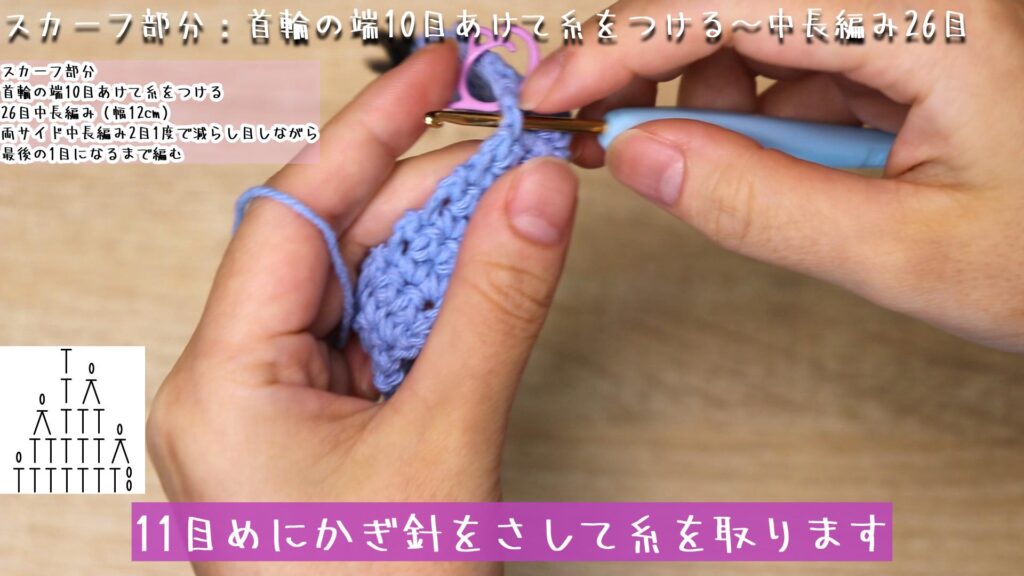 11目めにかぎ針をさして糸を取ります。