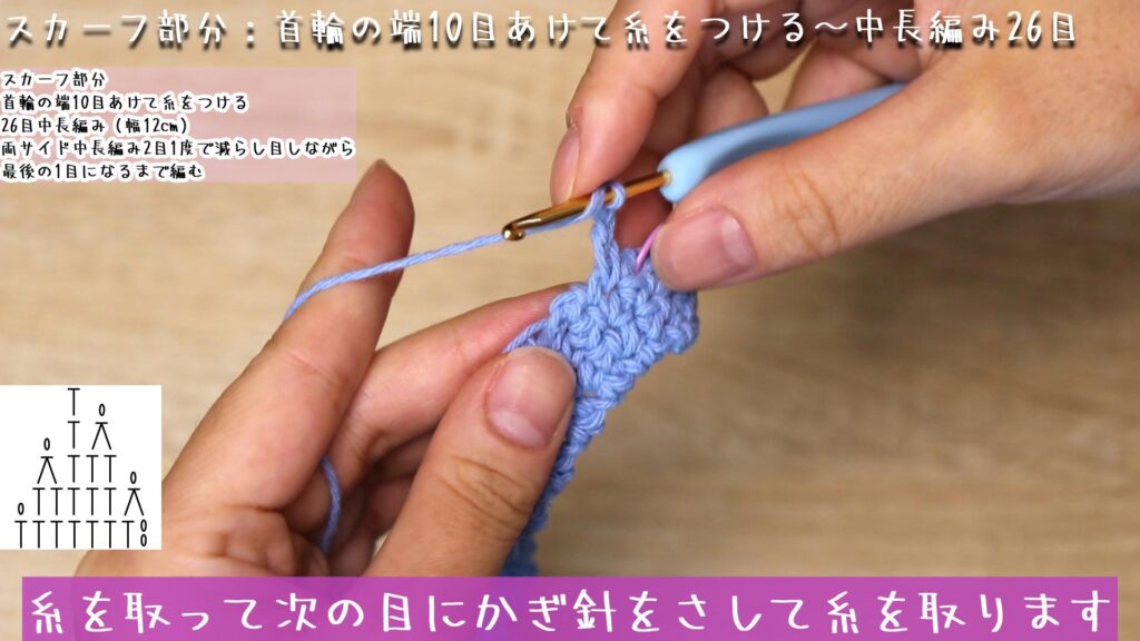 糸を取って次の目にかぎ針をさして糸を取ります