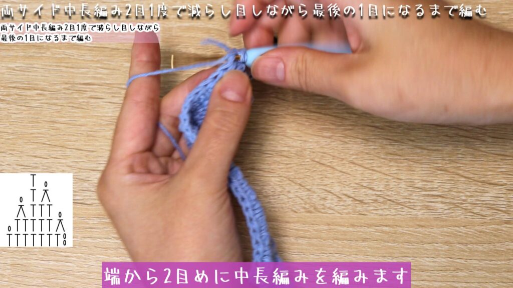 編めたら立ち上がりの目を1目編んでひっくり返します。
端から2目めに中長編みを編みます。