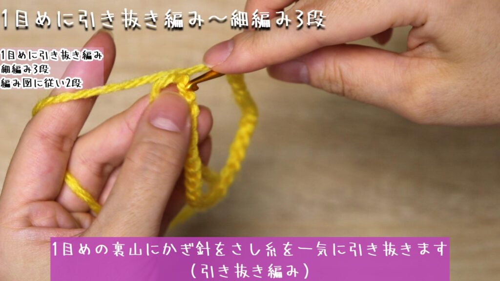 1目めの裏山にかぎ針をさし糸を一気に引き抜きます
(引き抜き編み)