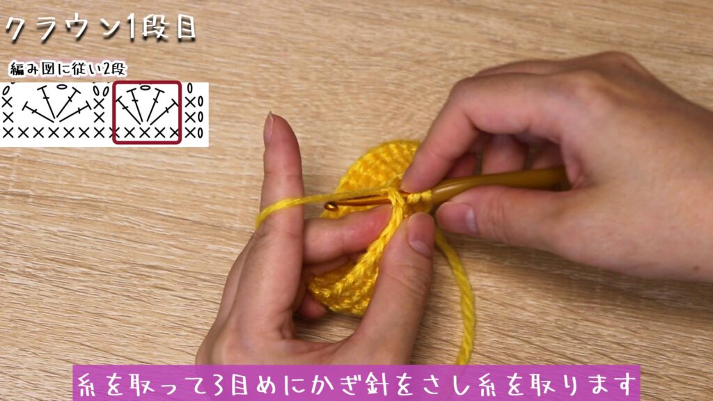 糸を取って3目めにかぎ針をさし糸を取ります