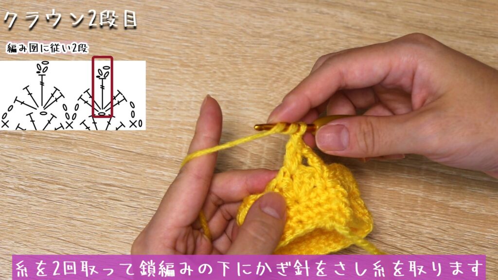 糸を2回取って鎖編みの下にかぎ針をさし糸を取ります。