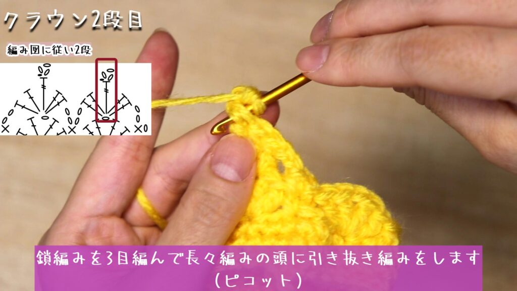 鎖編みを3目編んで長々編みの頭に引き抜き編みをします
(ピコット)