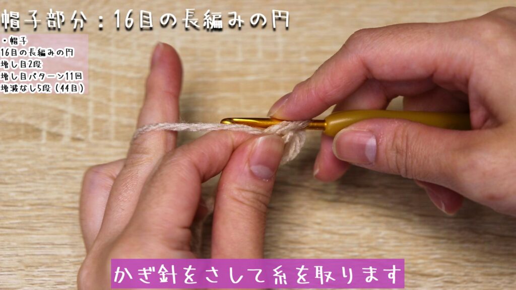 かぎ針をさして糸を取ります。