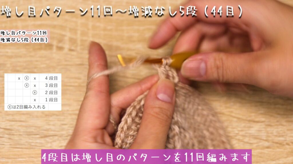 4段目は増し目のパターンを11回編みます。