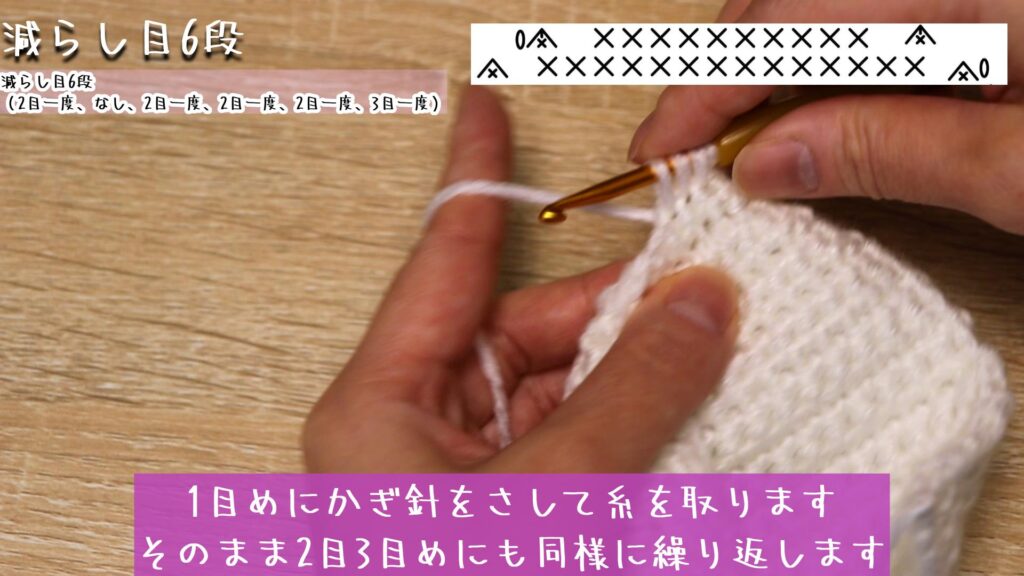 1目めにかぎ針をさして糸を取ります
そのまま2目3目めにも同様に繰り返します