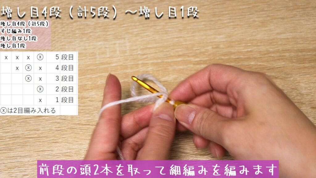 前段の頭2本を取って細編みを編みます
