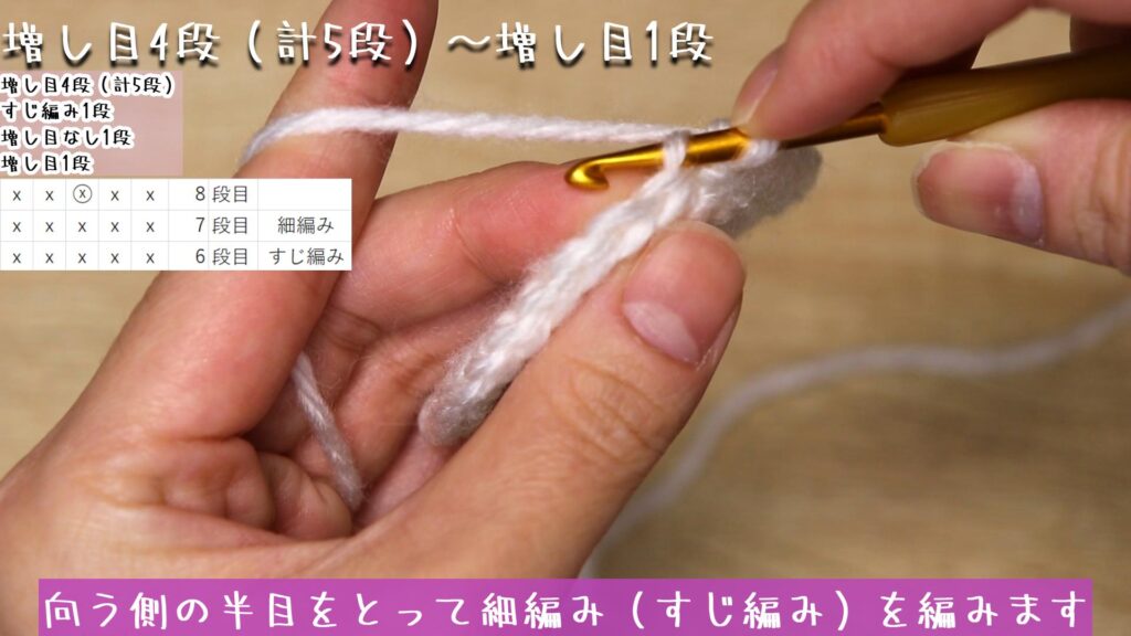 向う側の半目をとって細編み（すじ編み）を編みます