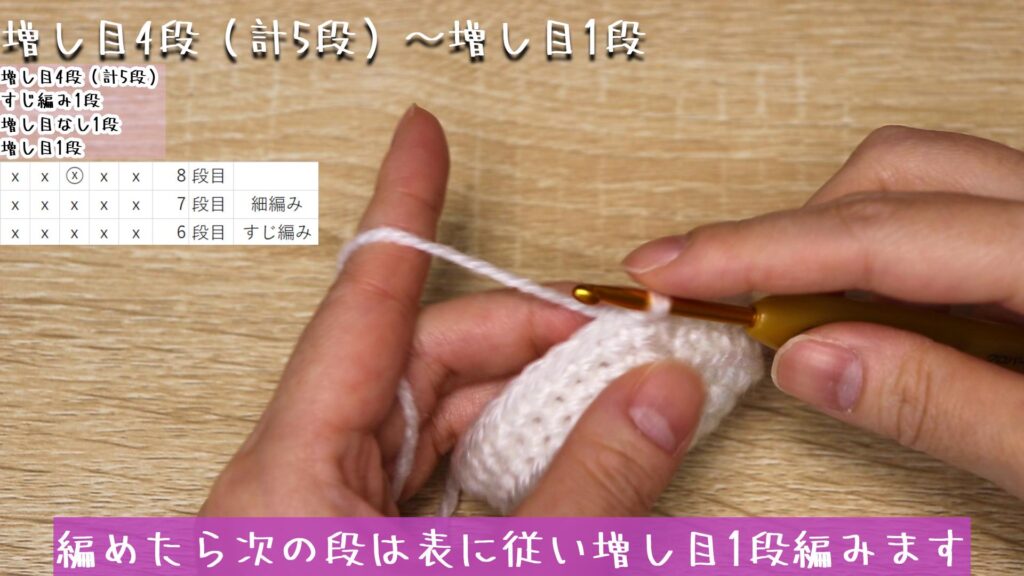 編めたら次の段は表に従い増し目1段編みます