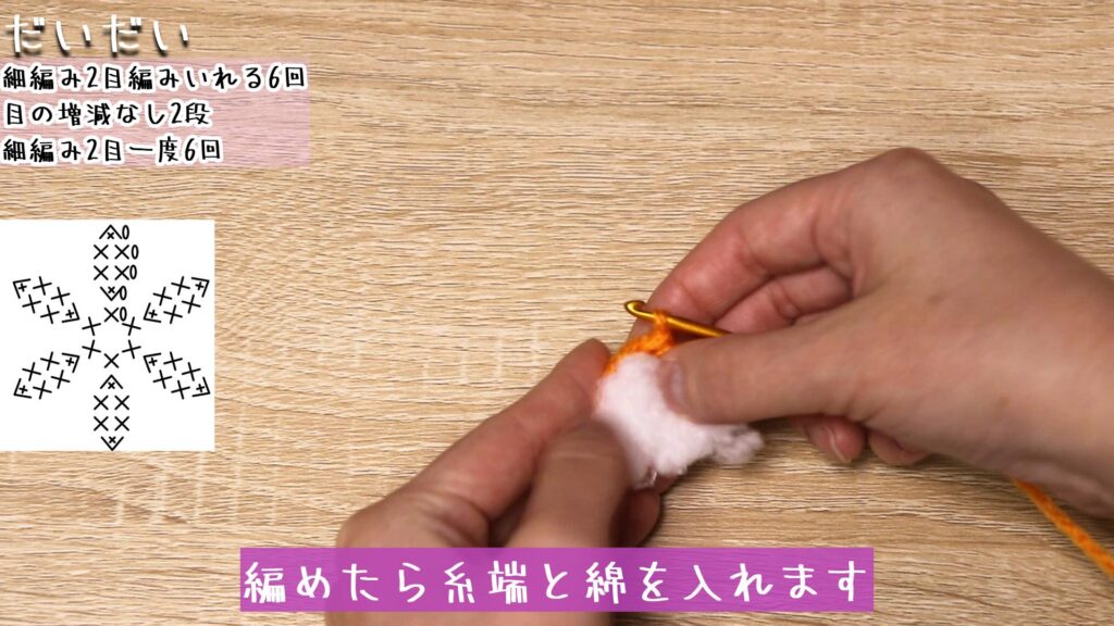 編めたら糸端と綿を入れます