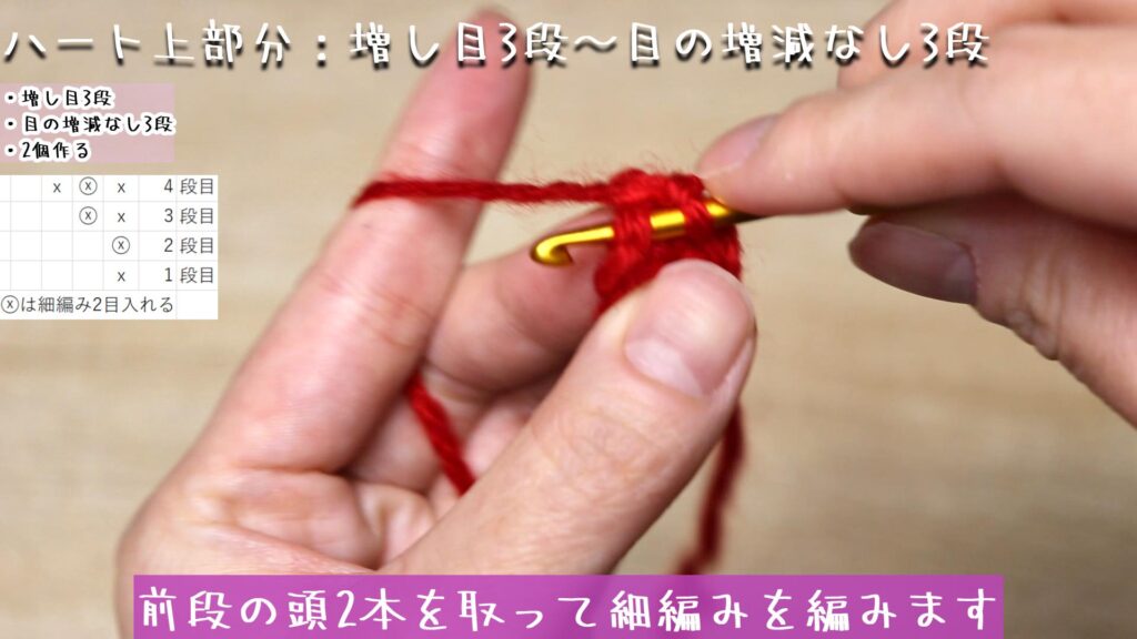 立ち上がりの目（鎖編み）を1目編んで、前段の頭2本を取って細編みを編みます。