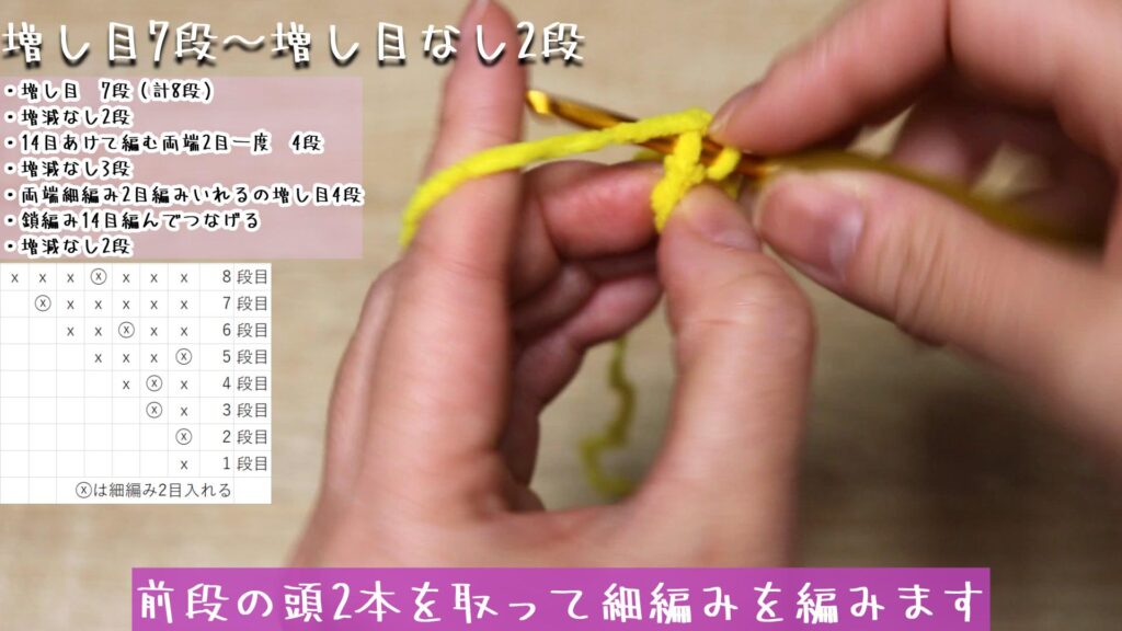 前段の頭2本を取って細編みを編みます