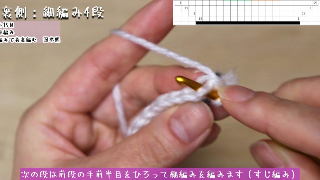 次の段は前段の手前半目をひろって細編みを編みます(すじ編み)