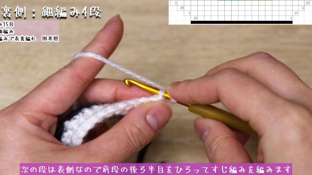 次の段は表側なので前段の後ろ半目をひろってすじ編みを編みます