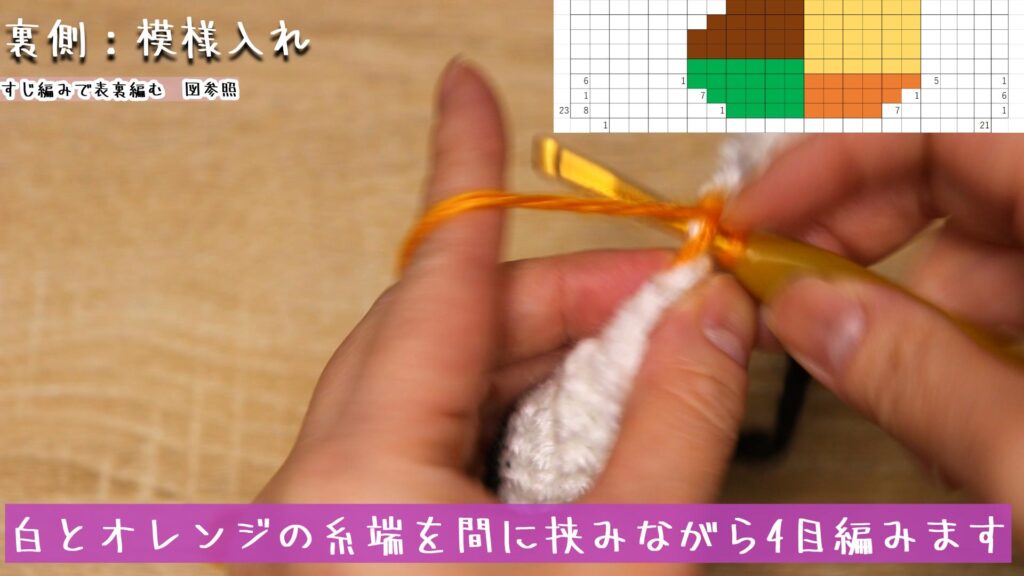 白とオレンジの糸端を間に挟みながら4目編みます