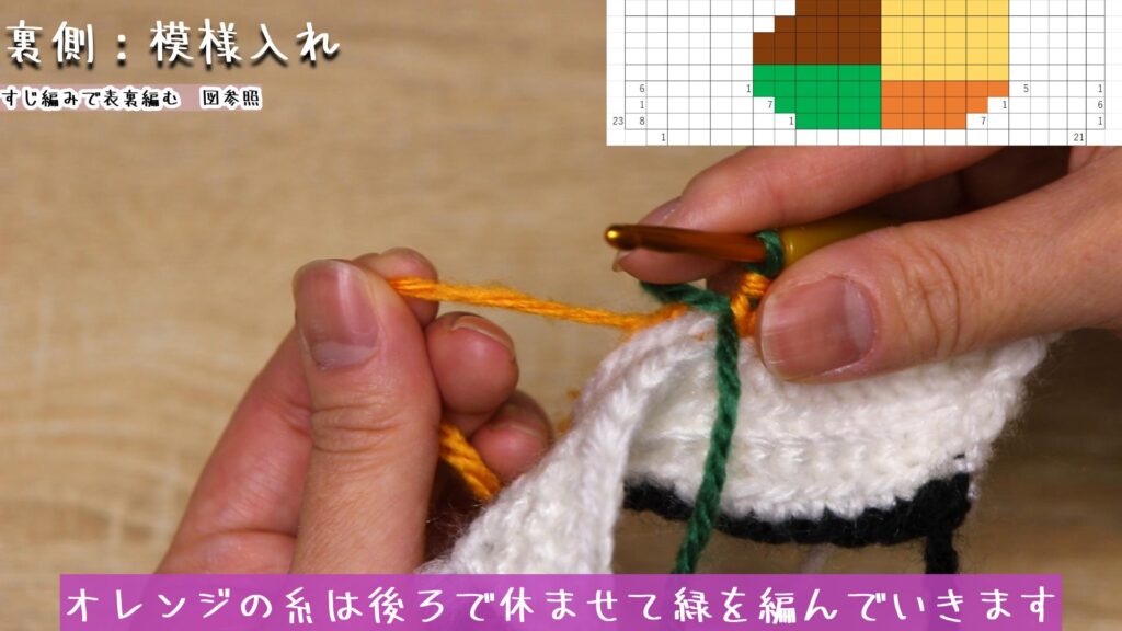 オレンジの糸は後ろで休ませて緑を編んでいきます