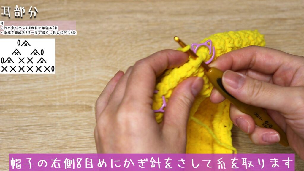 帽子の右側8目めにかぎ針をさして糸を取ります