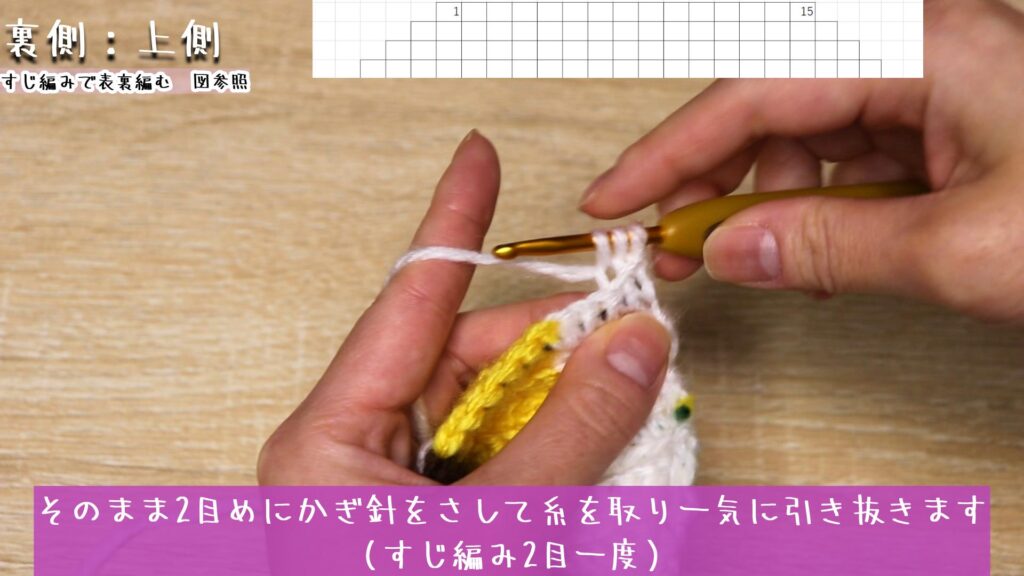 そのまま2目めにかぎ針をさして糸を取り一気に引き抜きます
(すじ編み2目一度)