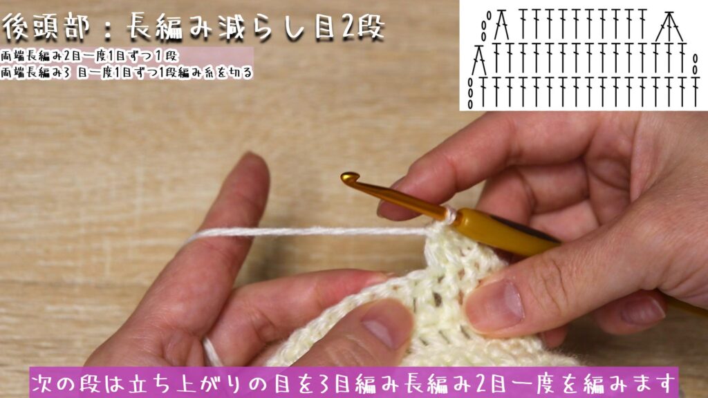 次の段は立ち上がりの目を3目編み長編み2目一度を編みます
