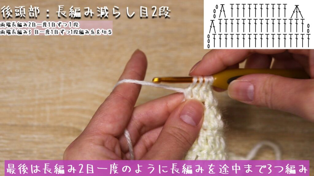 最後は長編み2目一度のように長編みを途中まで3つ編み