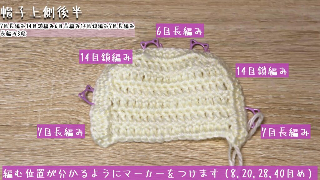 編む位置が分かるようにマーカーをつけます(8,20,28,40目め)