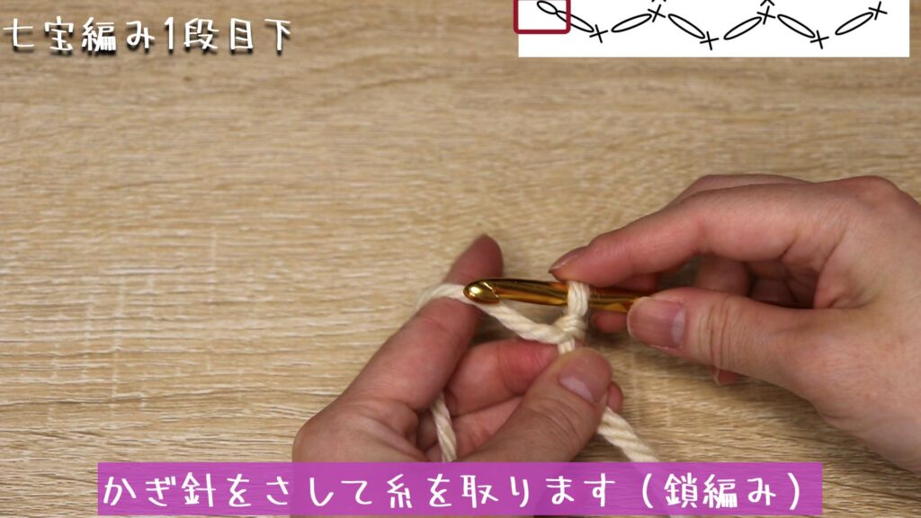 かぎ針をさして糸を取ります（鎖編み）