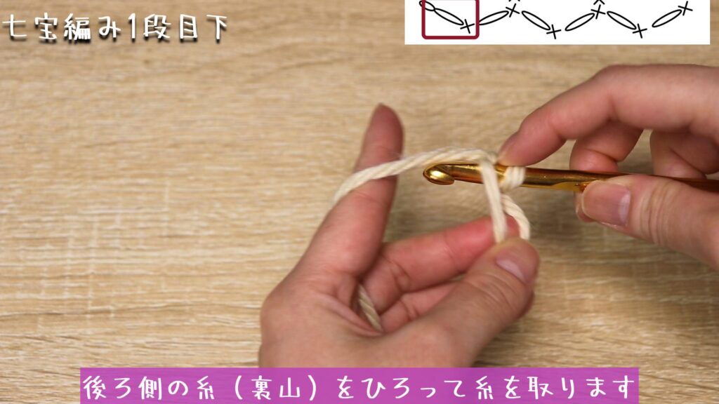 後ろ側の糸（裏山）をひろって糸を取ります