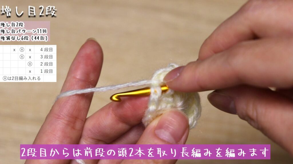 2段目からは前段の頭2本を取り長編みを編みます。