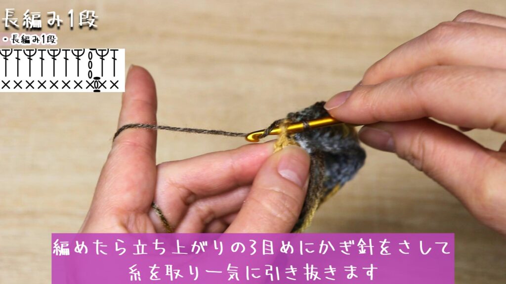 編めたら立ち上がりの3目めにかぎ針をさして
糸を取り一気に引き抜きます