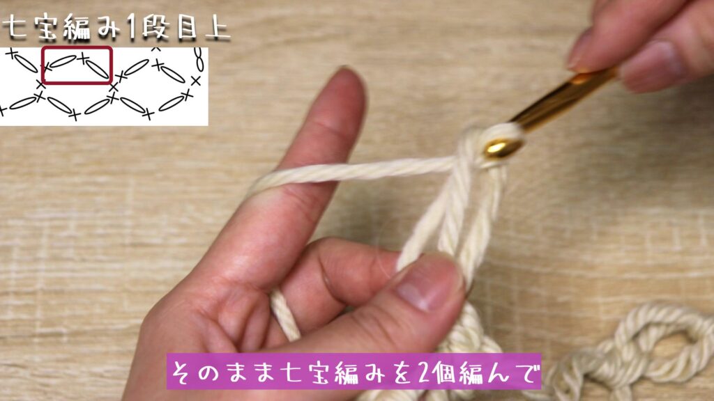 そのまま七宝編みを2個編んで