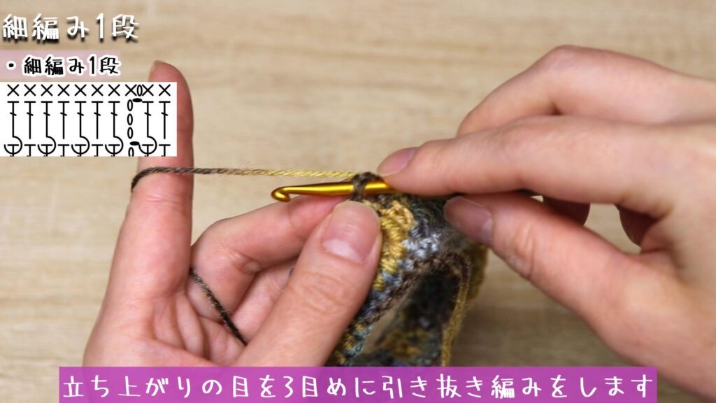 立ち上がりの目を3目めに引き抜き編みをします