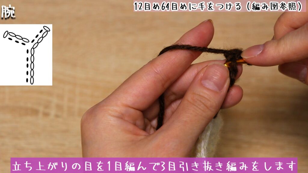 鎖編みを8目編みます。
立ち上がりの目を1目編んで3目引き抜き編みをします。