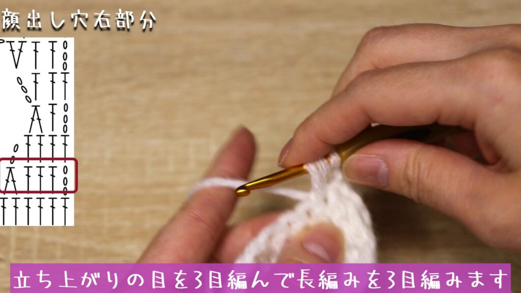 立ち上がりの目を3目編んで長編みを3目編みます。