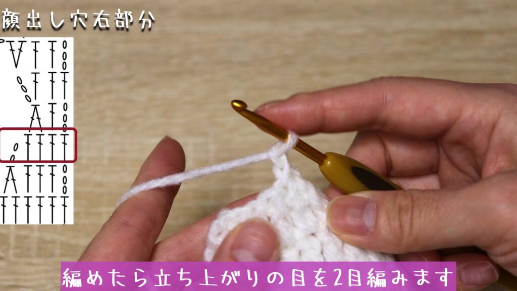 編めたら立ち上がりの目を2目編みます