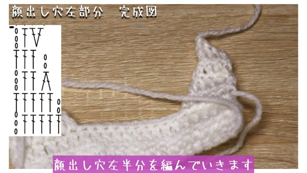 顔出し穴左半分を編んでいきます