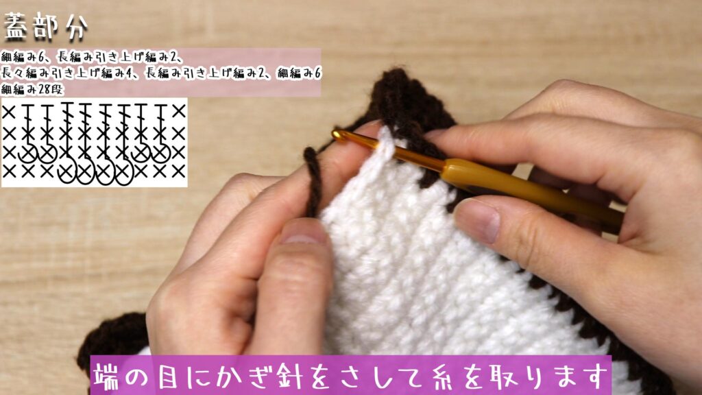 端の目にかぎ針をさして糸を取ります。